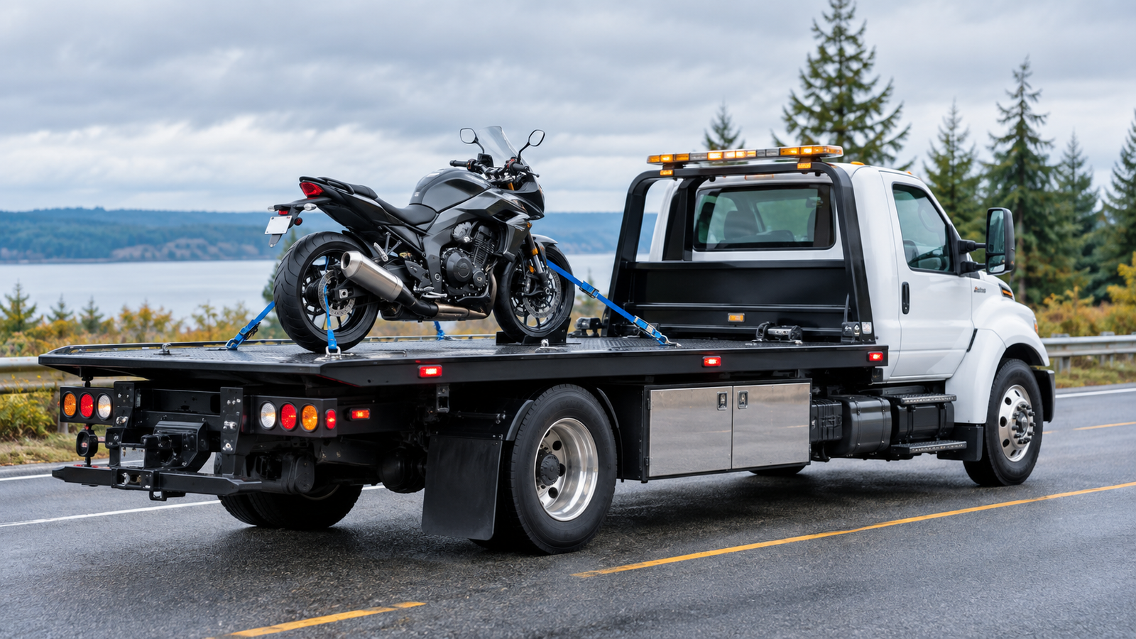 Professional towing truck securely transporting a motorcycle on a Pacific Northwest road in Everett, WA.